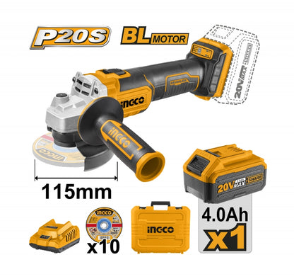 ESMERIL ANGULAR 115MM INGCO INALAMBRICO 20V CON 1 BATERIA CON 1 CARGADOR + 10 DISCOS #CAGLI2011587 (C)