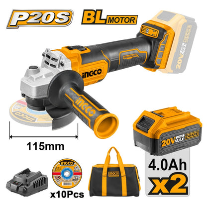 ESMERIL ANGULAR 115 MM INGCO INALAMBRICO 20V CON 2 BATERIAS CON 1 CARGADOR-DISCOS Y BOLSO #CAGLI2011582 (C)