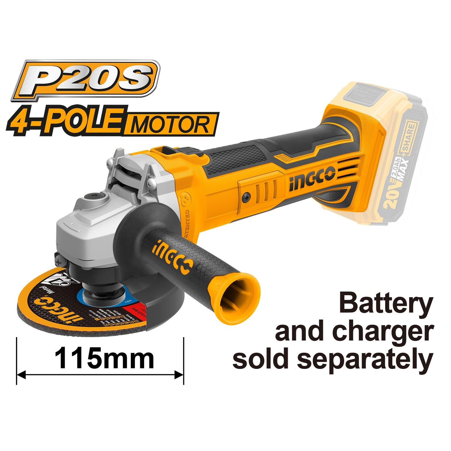 ESMERIL ANGULAR INGCO INALAMBRICO 20V SIN BATERIA SIN CARGADOR #CAGLI1151 (C)(OF)